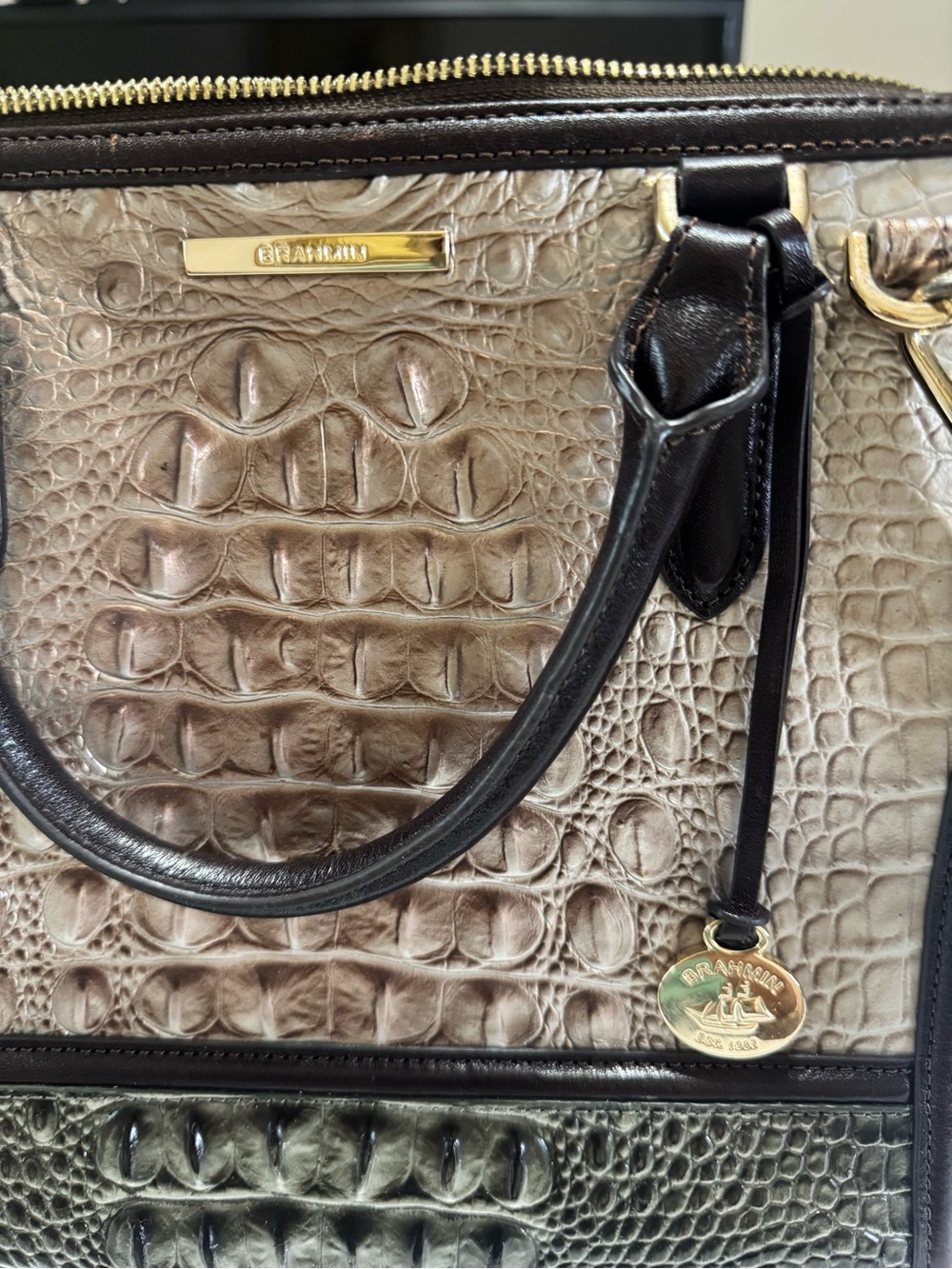 Brahmin Caroline Silver Taupe, Olive & Dark Brown Croc-Embossed Satchel - Picture 5 of 9